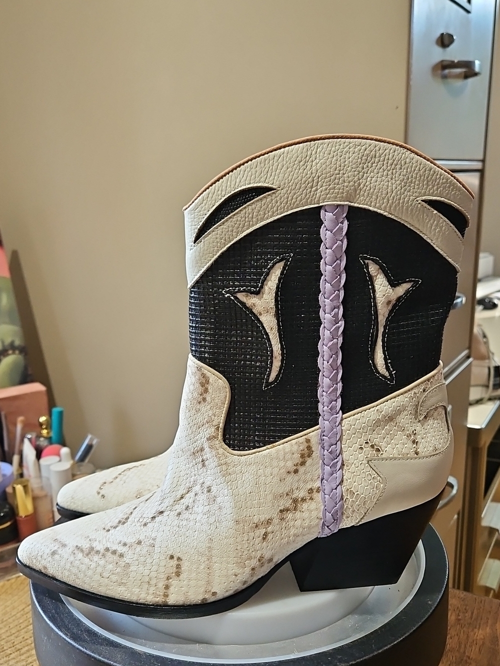 Dolce Vita Loral Boots A striking black-and-white snake print w/purple Braid